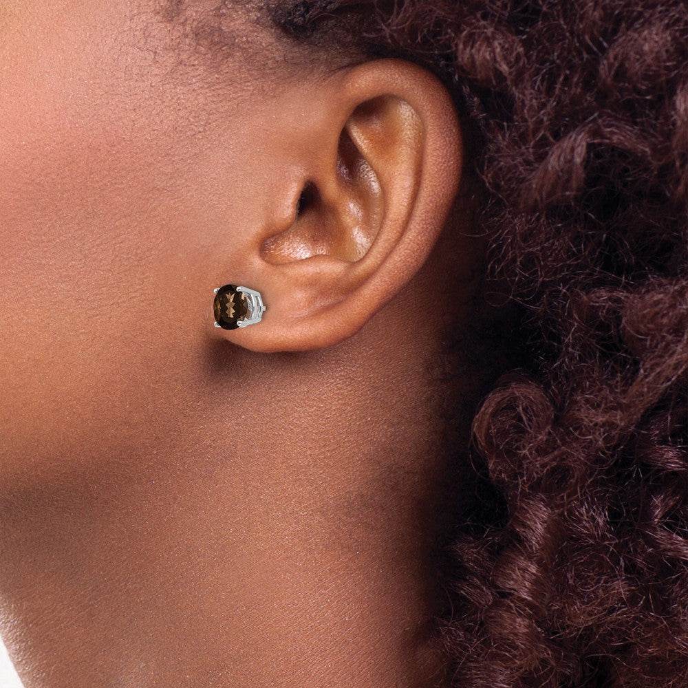 14K White Gold 7mm Round Smokey Quartz Stud Earrings