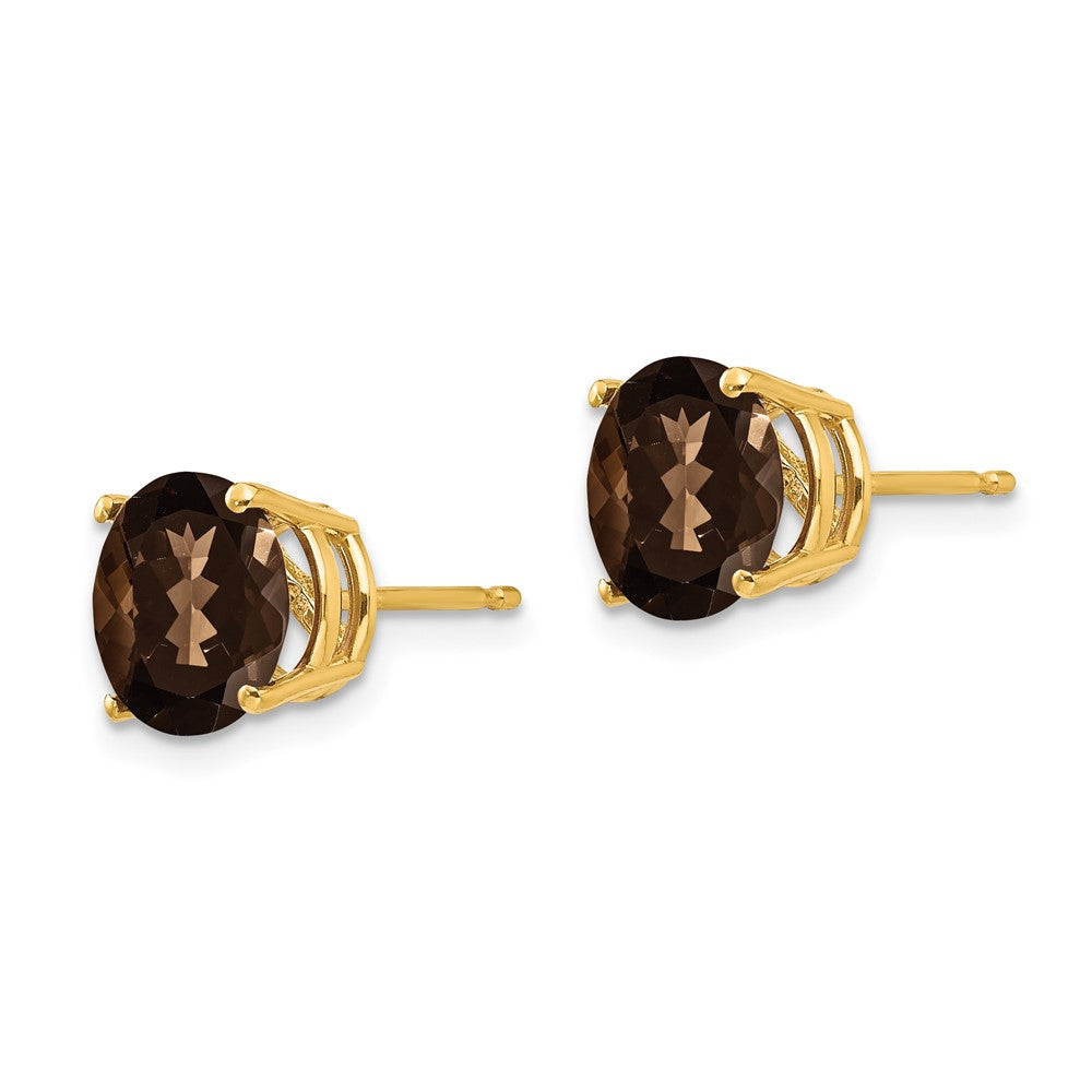 14K Yellow Gold 8mm Round Checker-cut Smokey Quartz Stud Earrings