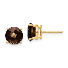 14K Yellow Gold 8mm Round Checker-cut Smokey Quartz Stud Earrings