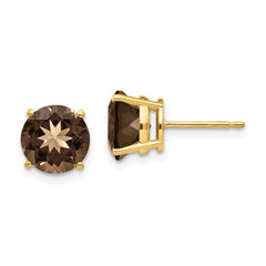 14K Yellow Gold 8mm Round Smokey Quartz Stud Earrings