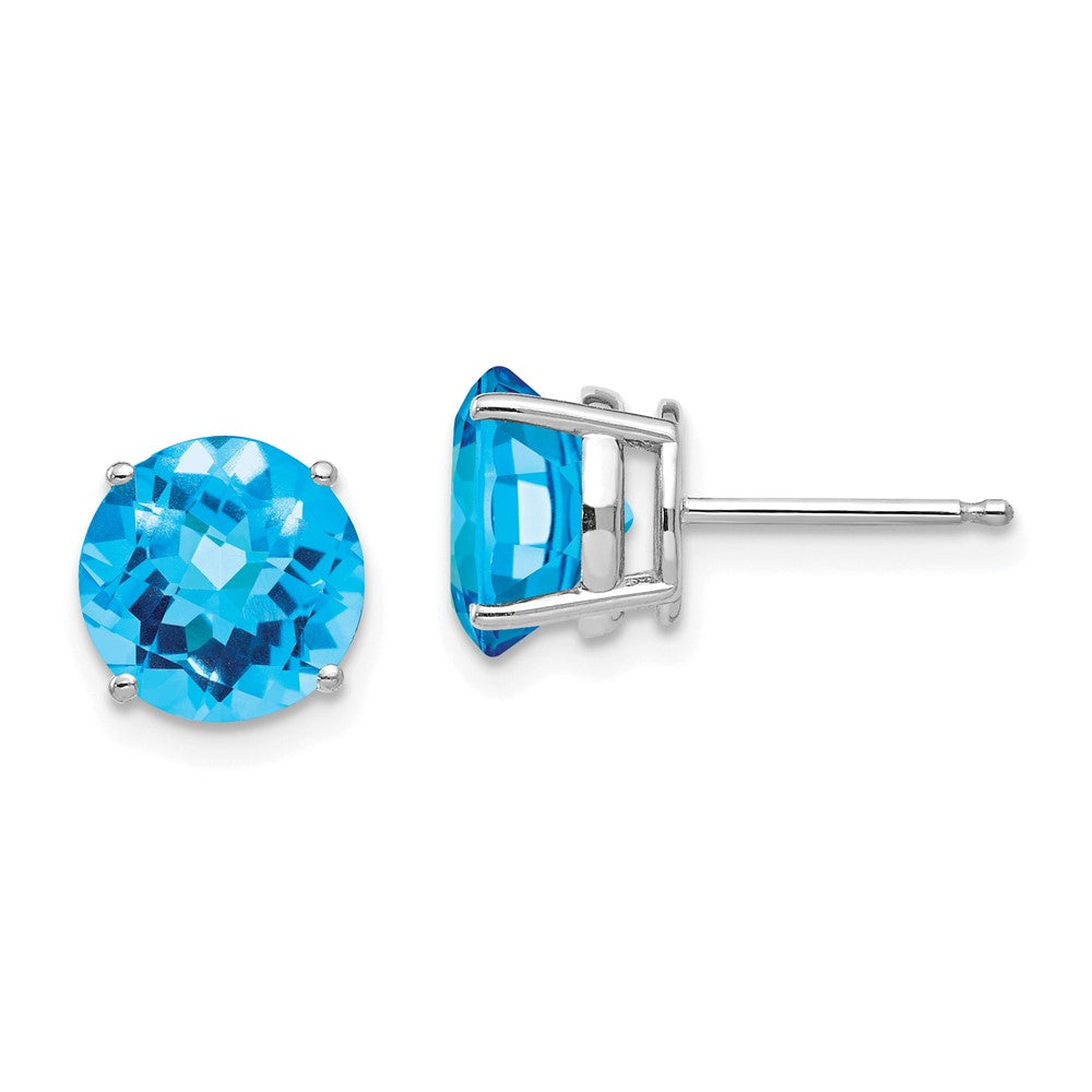 14K White Gold 8mm Blue Topaz Checker Stud Earrings