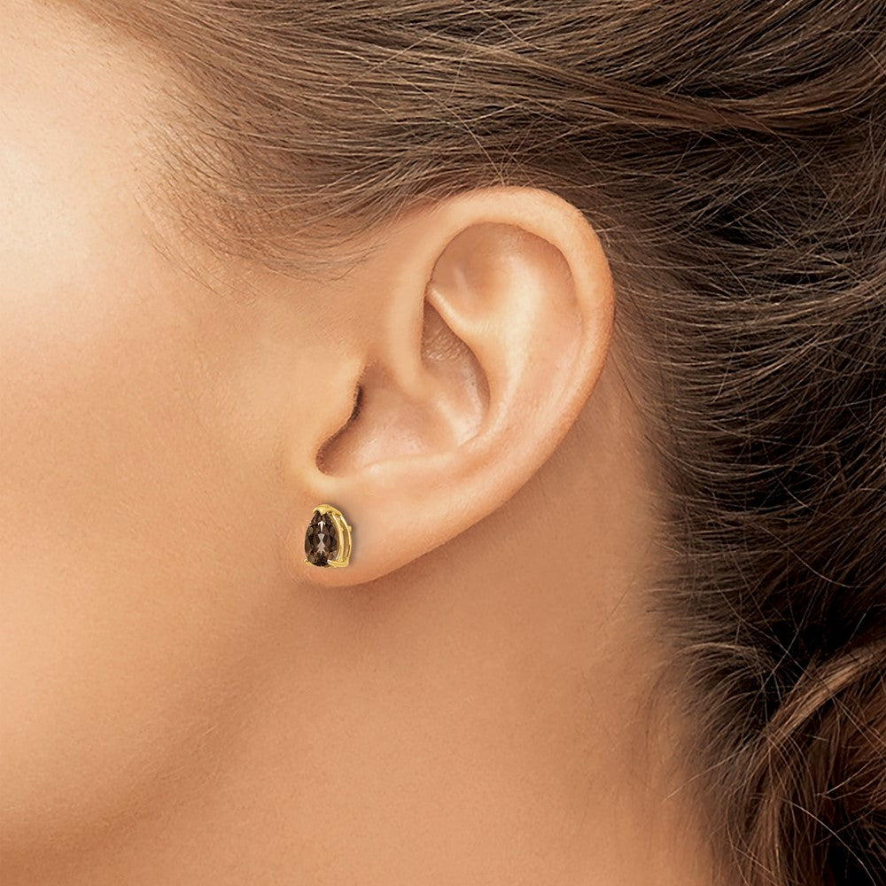 14K Yellow Gold 7x5 Pear Checker-cut Smokey Quartz Stud Earrings