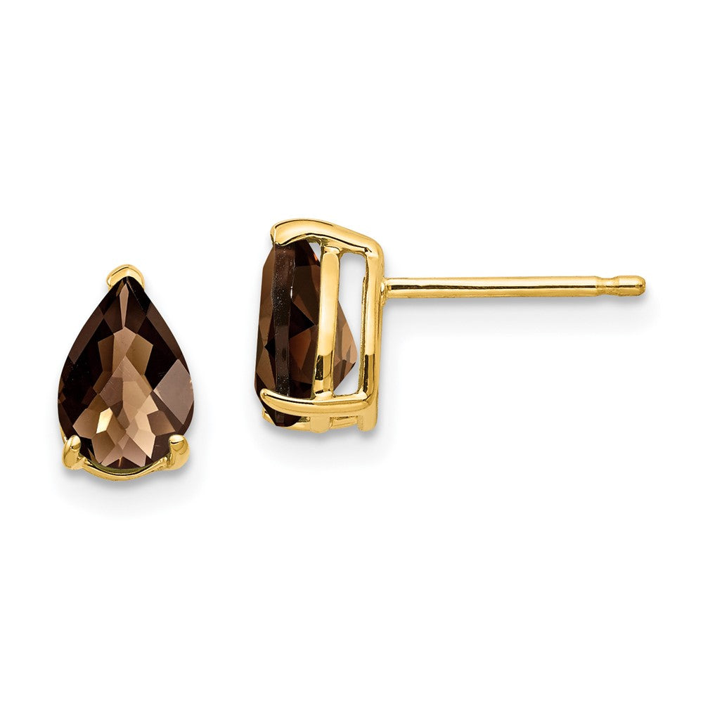 14K Yellow Gold 7x5 Pear Checker-cut Smokey Quartz Stud Earrings