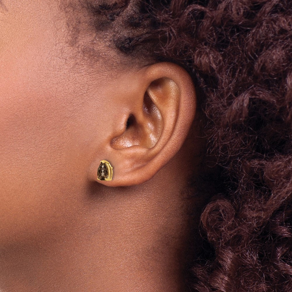 14K Yellow Gold 7x5 Pear Smokey Quartz Stud Earrings