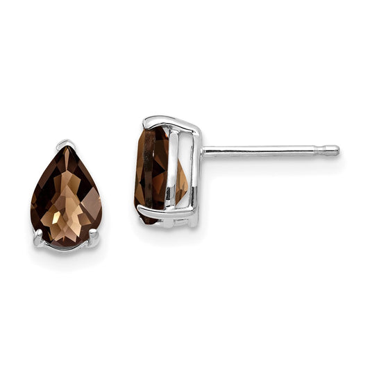 14K White Gold 7x5 Pear Checker-cut Smokey Quartz Stud Earrings