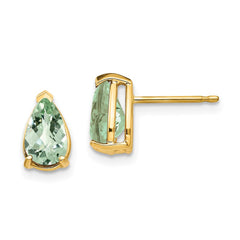 14K Yellow Gold 8x5 Pear Checker-cut Green Quartz Earrings