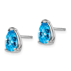 14K White Gold 8x5mm Pear Blue Topaz Checker Stud Earrings