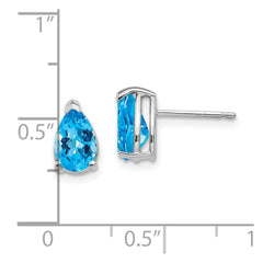 14K White Gold 8x5mm Pear Blue Topaz Checker Stud Earrings