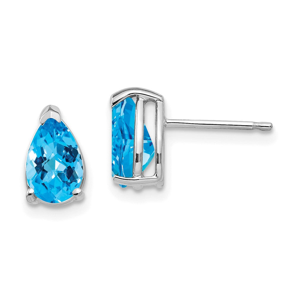 14K White Gold 8x5mm Pear Blue Topaz Checker Stud Earrings