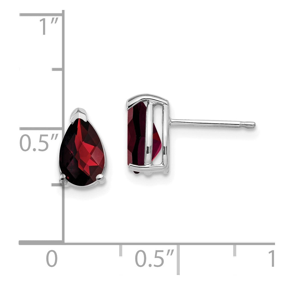 14K White Gold 8x5mm Pear Garnet Checker Stud Earrings