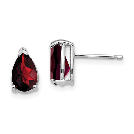 14K White Gold 8x5mm Pear Garnet Checker Stud Earrings