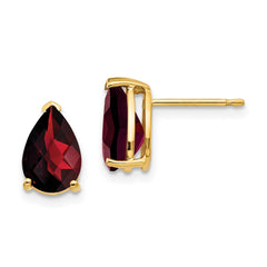 14K Yellow Gold 9x6mm Pear Garnet Checker Stud Earrings