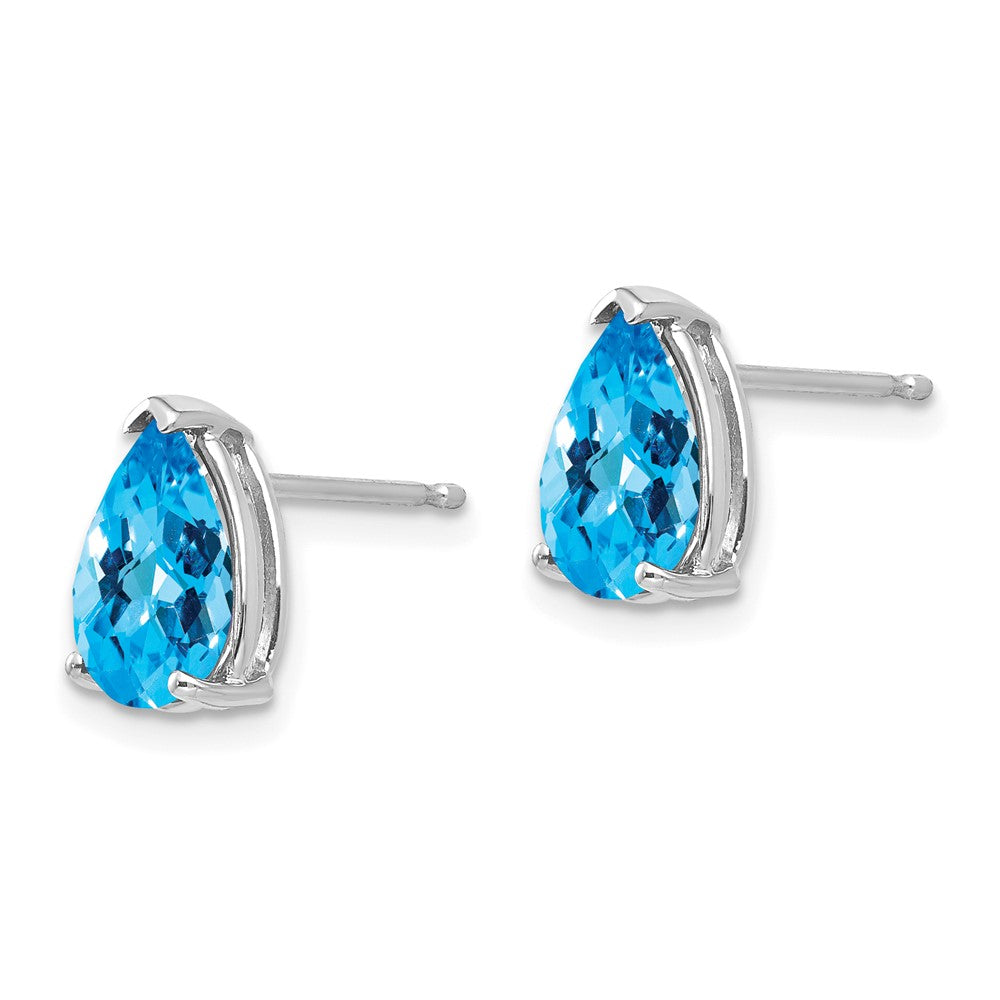 14K White Gold 9x6mm Pear Blue Topaz Checker Stud Earrings