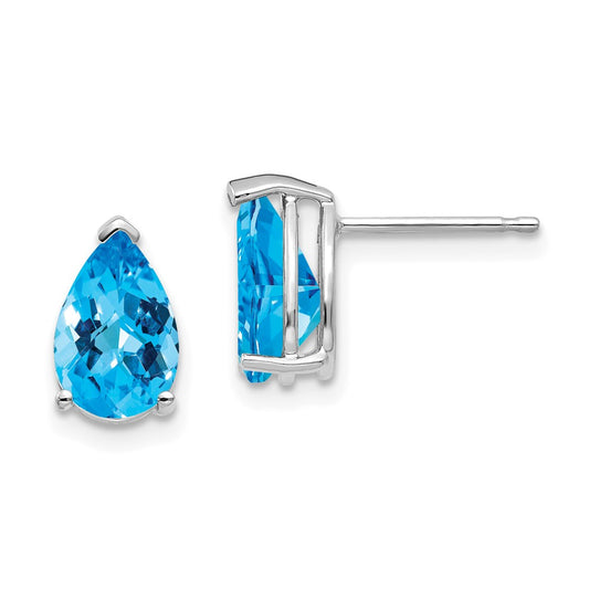 14K White Gold 9x6mm Pear Blue Topaz Checker Stud Earrings