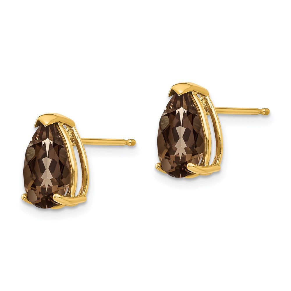 14K Yellow Gold 10x7 Pear Checker-cut Smokey Quartz Stud Earrings
