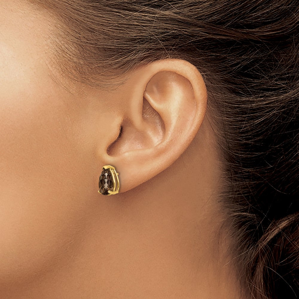 14K Yellow Gold 10x7 Pear Checker-cut Smokey Quartz Stud Earrings