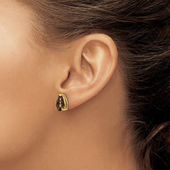 14K Yellow Gold 10x7 Pear Checker-cut Smokey Quartz Stud Earrings