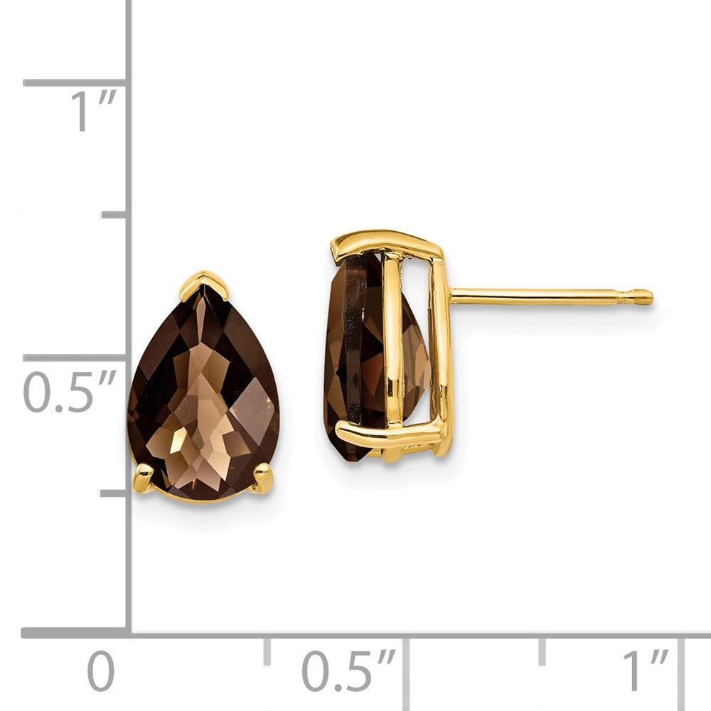 14K Yellow Gold 10x7 Pear Checker-cut Smokey Quartz Stud Earrings