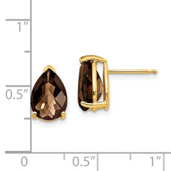14K Yellow Gold 10x7 Pear Checker-cut Smokey Quartz Stud Earrings