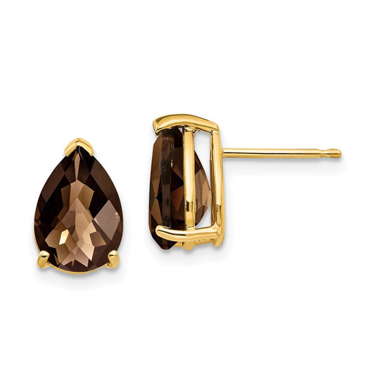 14K Yellow Gold 10x7 Pear Checker-cut Smokey Quartz Stud Earrings