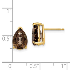14K Yellow Gold 10x7 Pear Smokey Quartz Stud Earrings