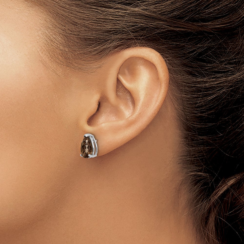 14K White Gold 10x7 Pear Checker-cut Smokey Quartz Stud Earrings