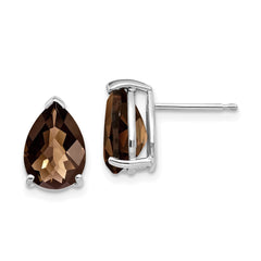 14K White Gold 10x7 Pear Checker-cut Smokey Quartz Stud Earrings