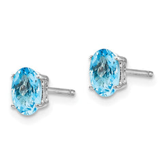 14K White Gold 6x4mm Oval Blue Topaz Checker Stud Earrings