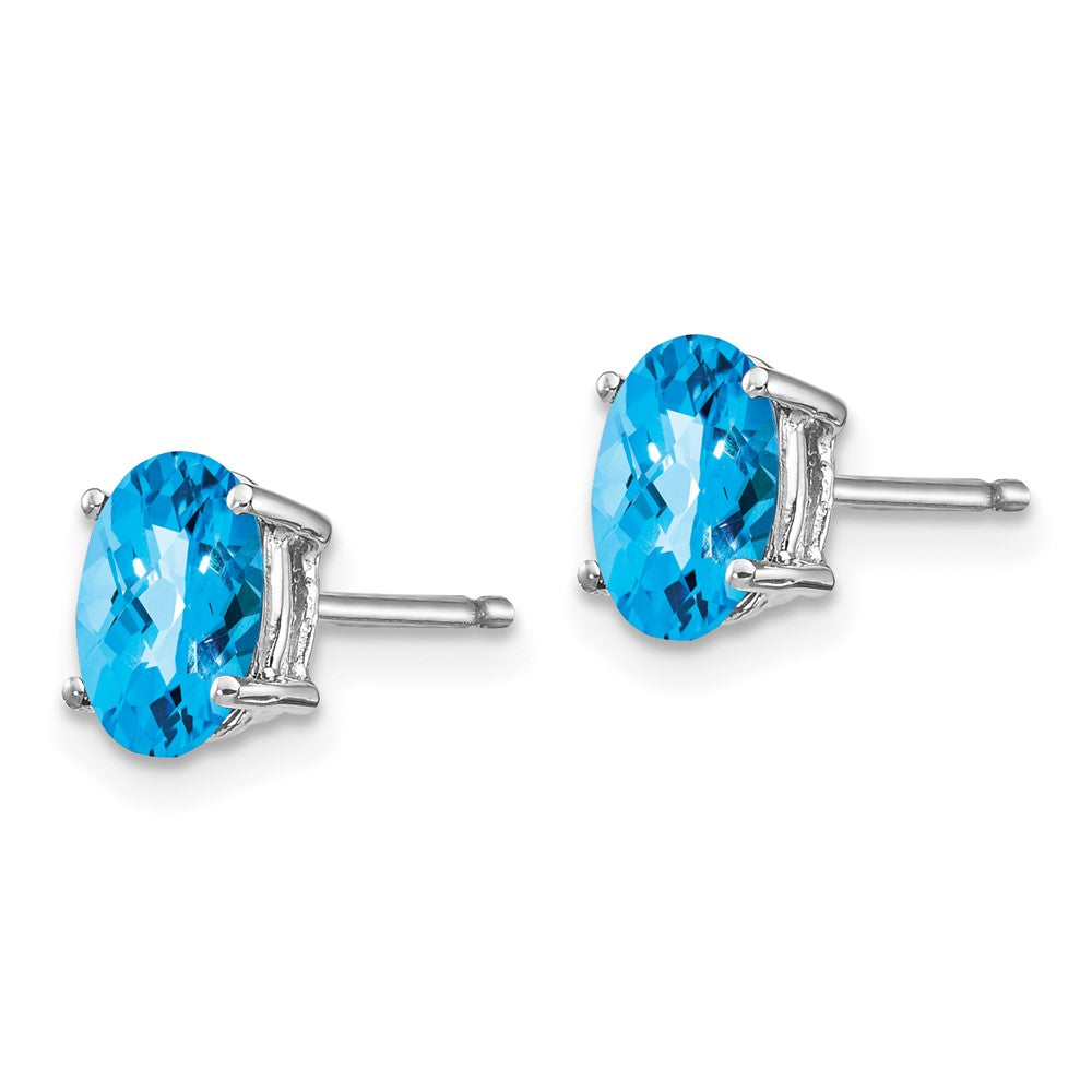 14K White Gold 7x5mm Oval Blue Topaz Checker Stud Earrings