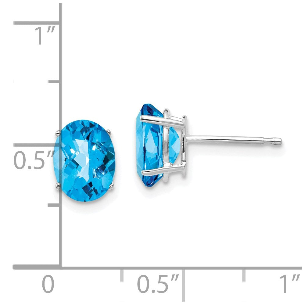 14K White Gold 8x6mm Oval Blue Topaz Checker Stud Earrings