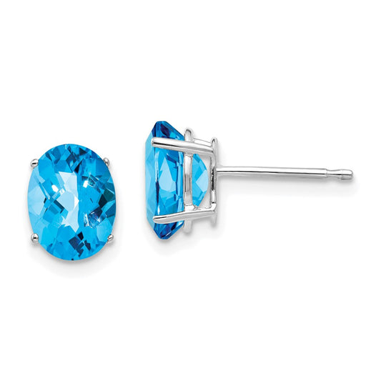 14K White Gold 8x6mm Oval Blue Topaz Checker Stud Earrings