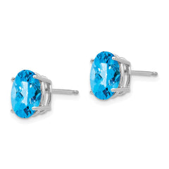 14K White Gold 9x7mm Oval Blue Topaz Checker Stud Earrings