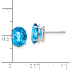 14K White Gold 9x7mm Oval Blue Topaz Checker Stud Earrings