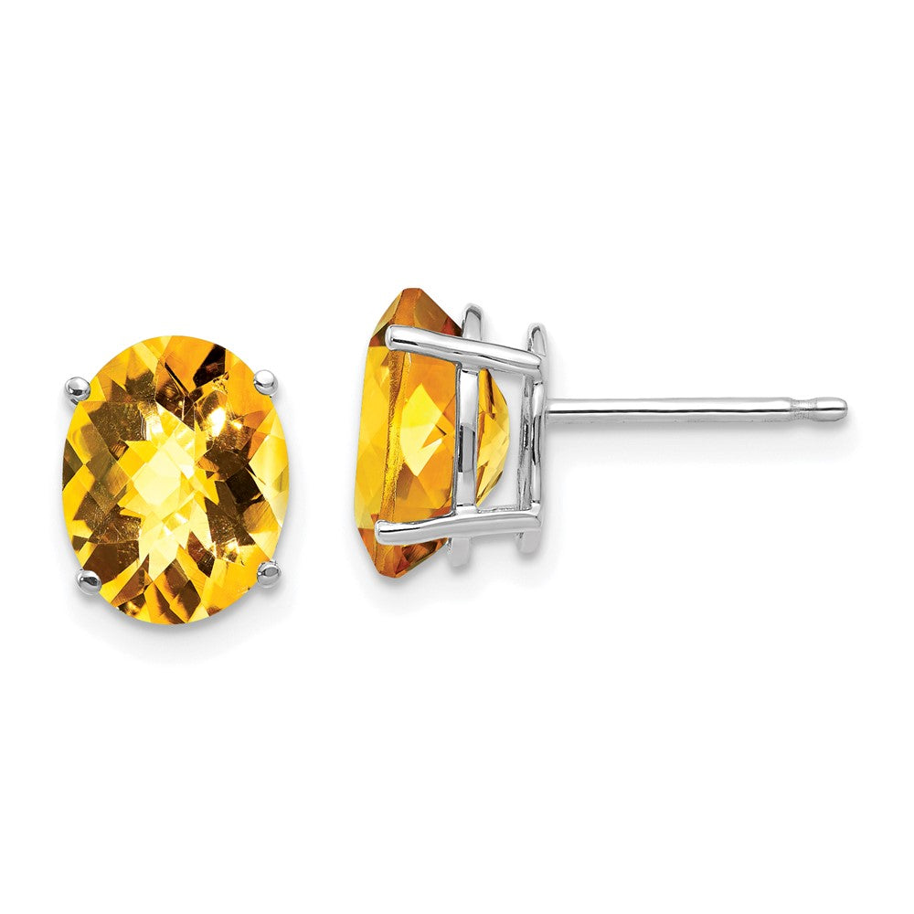 14K White Gold 9x7mm Oval Citrine Checker Stud Earrings
