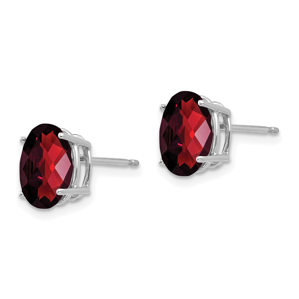 14K White Gold 9x7mm Oval Garnet Checker Stud Earrings