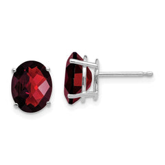 14K White Gold 9x7mm Oval Garnet Checker Stud Earrings