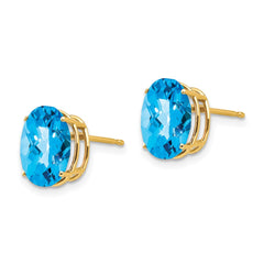 14K Yellow Gold 10x8mm Oval Blue Topaz Checker Stud Earrings