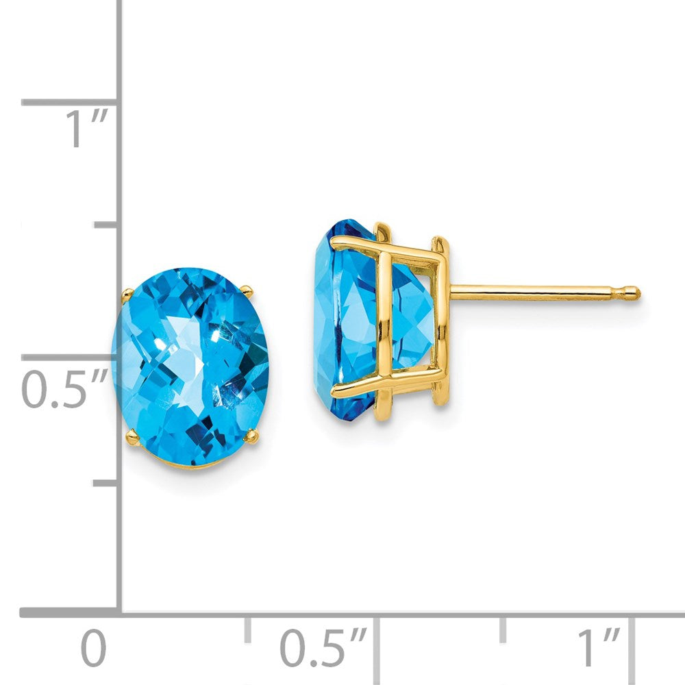 14K Yellow Gold 10x8mm Oval Blue Topaz Checker Stud Earrings
