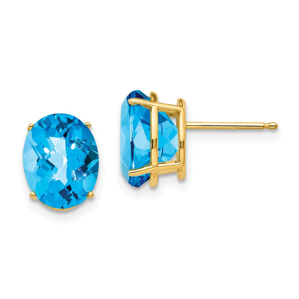 14K Yellow Gold 10x8mm Oval Blue Topaz Checker Stud Earrings