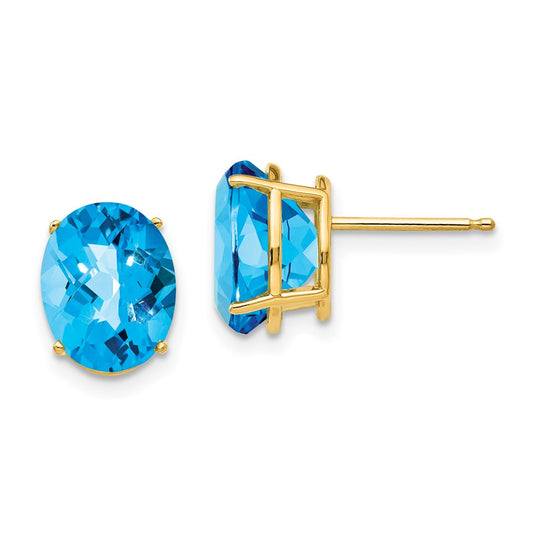 14K Yellow Gold 10x8mm Oval Blue Topaz Checker Stud Earrings