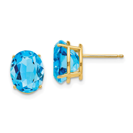 14K Yellow Gold 10x8mm Oval Blue Topaz Stud Earrings