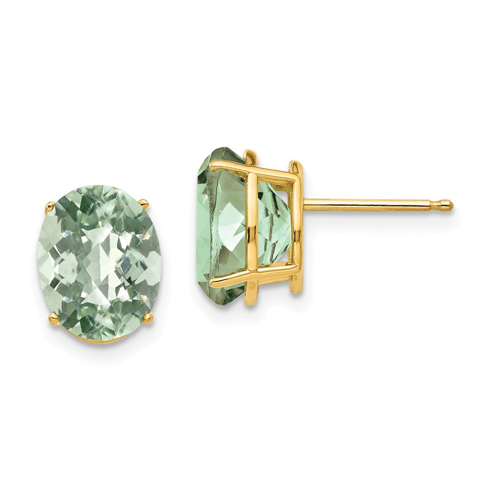 14K Yellow Gold 10x8 Oval Checker-cut Green Quartz Earrings