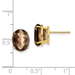 14K Yellow Gold 10x8 Oval Checker-cut Smokey Quartz Stud Earrings