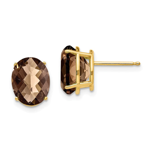 14K Yellow Gold 10x8 Oval Checker-cut Smokey Quartz Stud Earrings