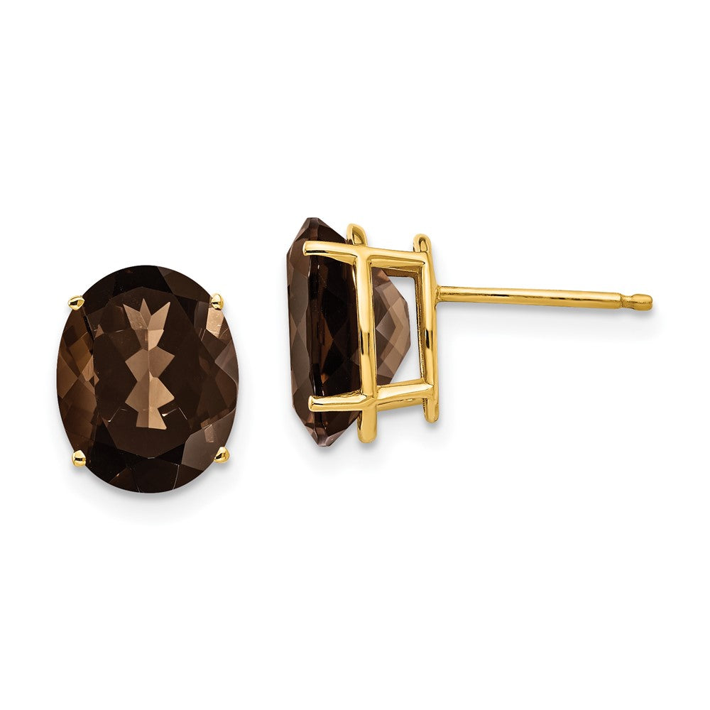 14K Yellow Gold 10x8 Oval Smokey Quartz Stud Earrings