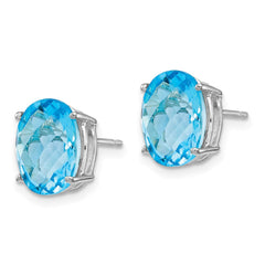 14K White Gold 10x8mm Oval Blue Topaz Checker Stud Earrings