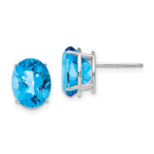 14K White Gold 10x8mm Oval Blue Topaz Checker Stud Earrings
