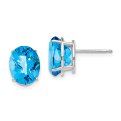 14K White Gold 10x8mm Oval Blue Topaz Checker Stud Earrings