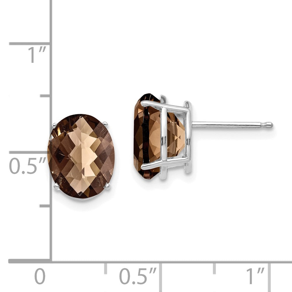 14K White Gold 10x8 Oval Checker-cut Smokey Quartz Stud Earrings