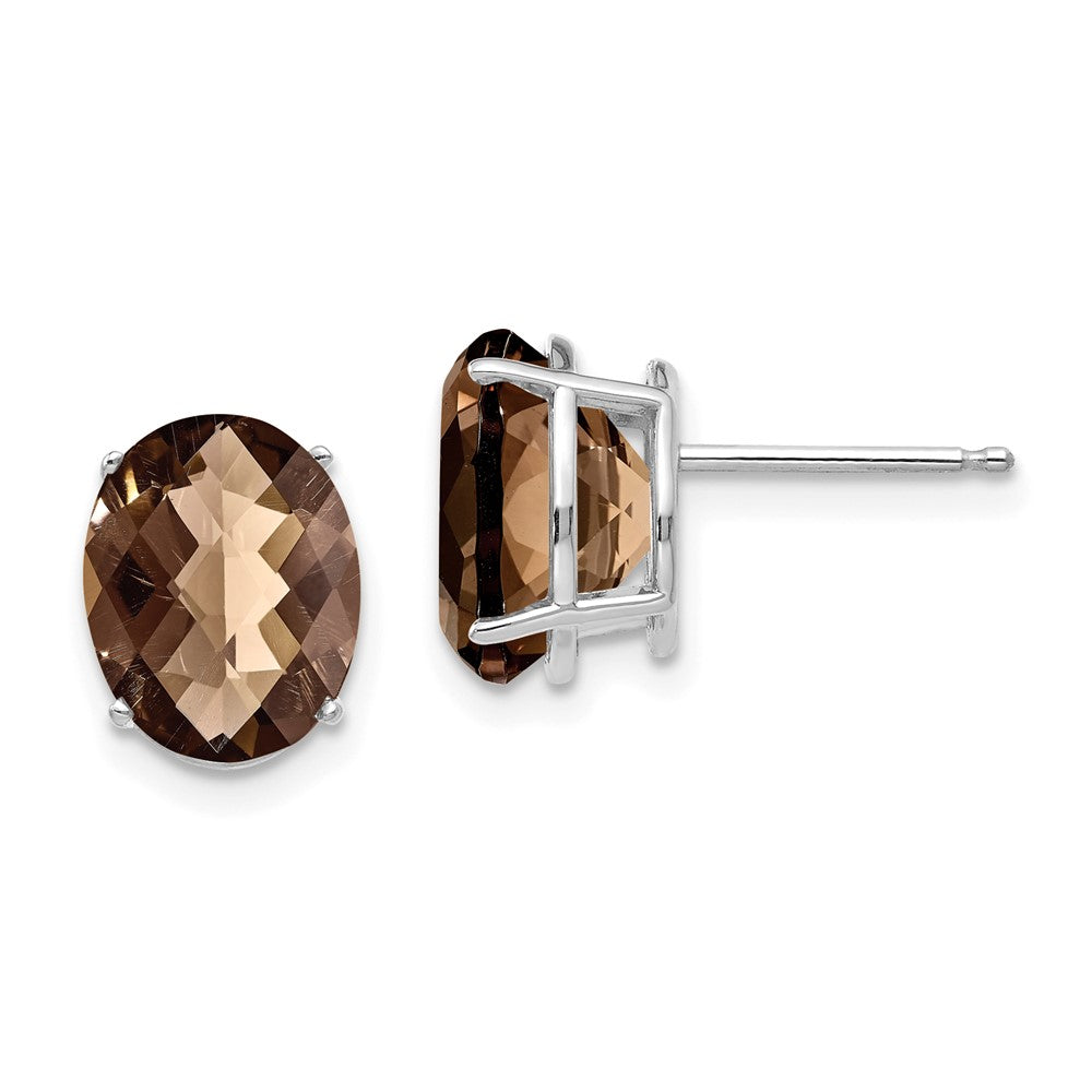 14K White Gold 10x8 Oval Checker-cut Smokey Quartz Stud Earrings